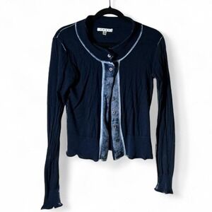 Cabi Navy Blue Distressed Trim Button Front Cotton Minimalist Cardigan Preppy S